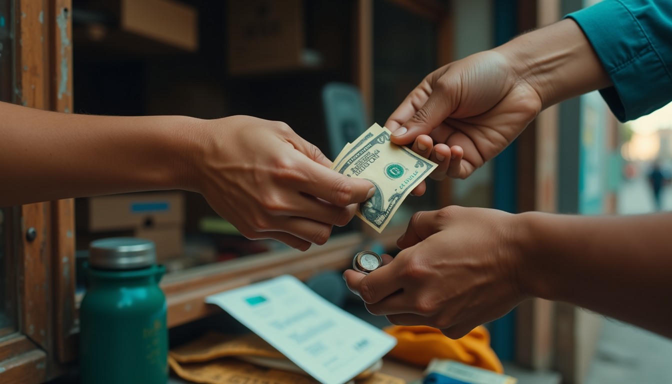 Hands holding cash for a store payout