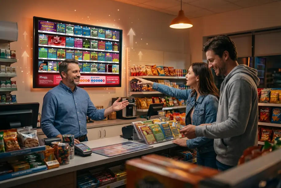 Customers at a convenience store lottery counter